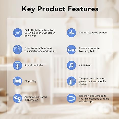 Baby Monitor with Camera and Audio, Video Baby Monitor WiFi Night Vision, 2.8" LCD Screen Baby Camera VOX Mode Alarm and 1200ft Long Range