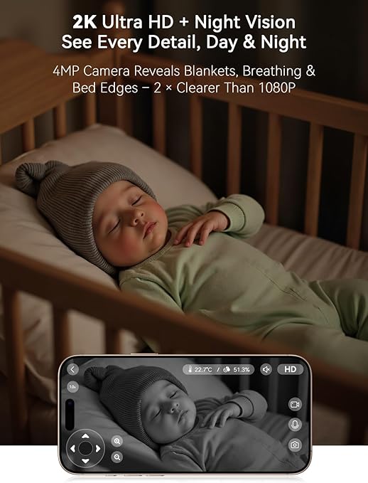 Outinput 2K 4MP WiFi Baby Monitor with Camera and Audio, App Control PTZ, Crying/Feeding/Temp/Humidity Alerts, Night Vision wtih Gentle Light, Soothing Lullabies for Baby Sleep, Cloud&Local Storage