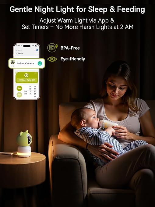 Outinput 2K 4MP WiFi Baby Monitor with Camera and Audio, App Control PTZ, Crying/Feeding/Temp/Humidity Alerts, Night Vision wtih Gentle Light, Soothing Lullabies for Baby Sleep, Cloud&Local Storage