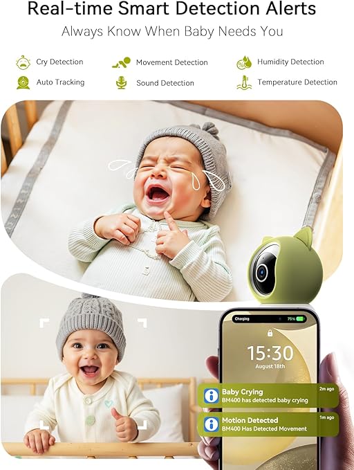 Outinput 2K 4MP WiFi Baby Monitor with Camera and Audio, App Control PTZ, Crying/Feeding/Temp/Humidity Alerts, Night Vision wtih Gentle Light, Soothing Lullabies for Baby Sleep, Cloud&Local Storage