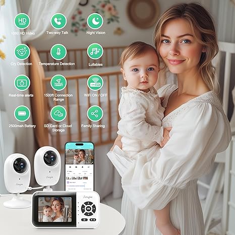 1080p Smart AI 2 Camera Video Baby Monitor,WiFi Switch,2.8" inch Display or WiFi Remote Access,Night Vision,1500ft Long Range,2-Way Talk,Sound Alert,Temperature Sensor,Lullabies Feeding Remind